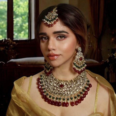 BRIDAL POLKI RUBY RED 3D NECKLACE SET