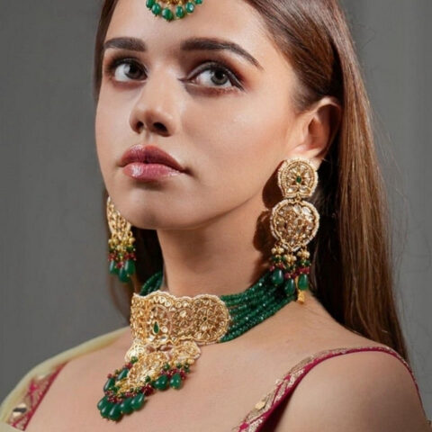 Emerald Green Chandbali Choker Set with Earrings , Gold Finish with polkis , M- 434 CK