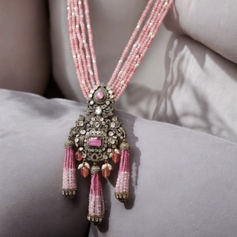 Long Victorian Necklace , blush pink colour , high quality pearls and polki , antique gold , M- 550 LN VICTORIAN