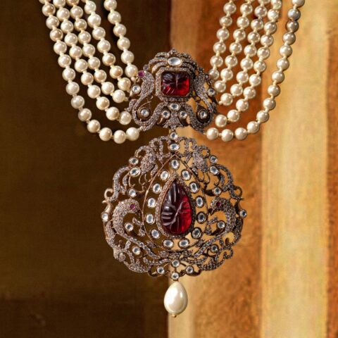 long pearl necklace with Ruby, Carved Stone and polkis , M- 350 LN