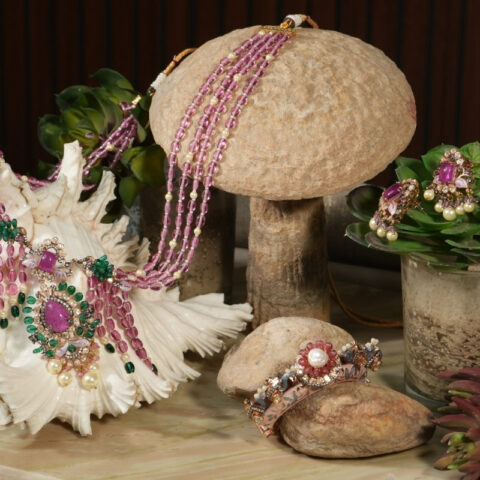 3D Abstract Floral Necklace Set , purple and pink along with emerald green , M- 336 LN