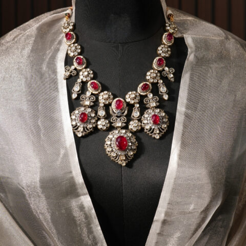 Ruby Red Satement Necklace Set with Polkis , M- 606 LN- REGALIA