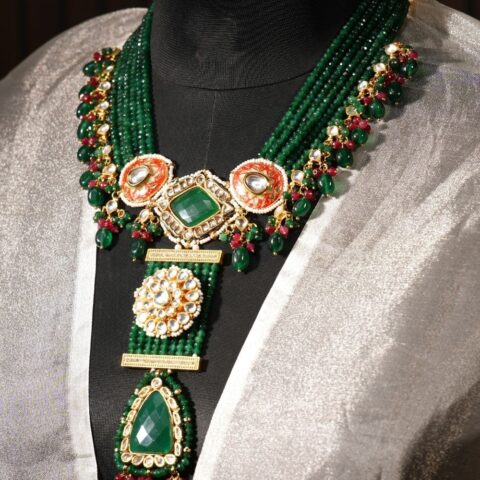 Abstract Dark Green Mutil Coloured Long Necklace Set